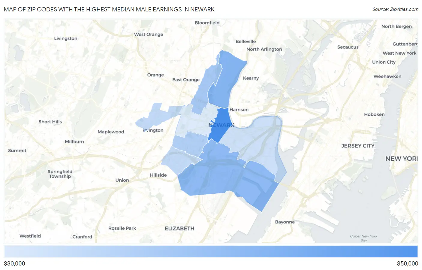 Zip Codes with the Highest Median Male Earnings in Newark Map