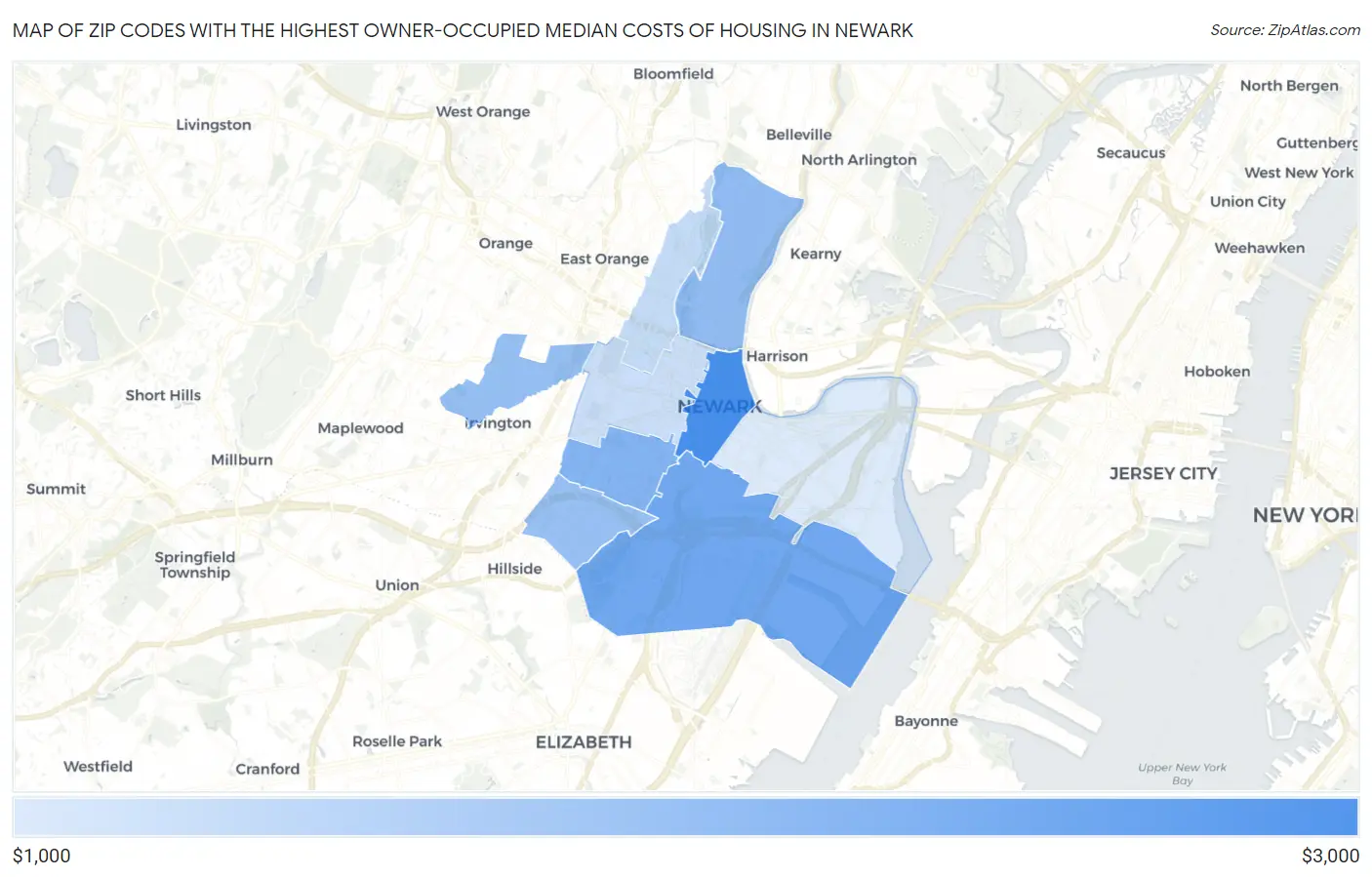 Zip Codes with the Highest Owner-Occupied Median Costs of Housing in Newark Map