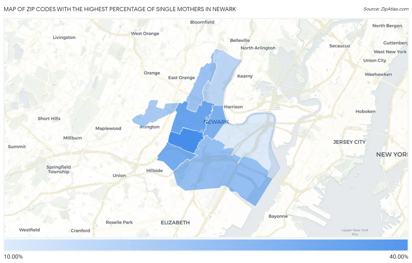 Zip Codes with the Highest Percentage of Single Mothers in Newark Map
