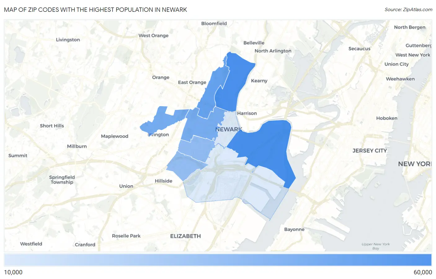 Zip Codes with the Highest Population in Newark Map