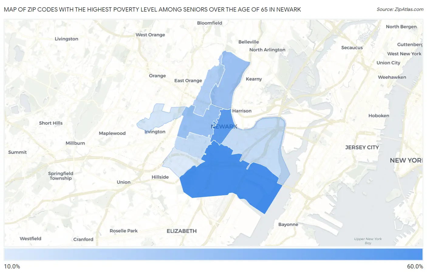 Zip Codes with the Highest Poverty Level Among Seniors Over the Age of 65 in Newark Map