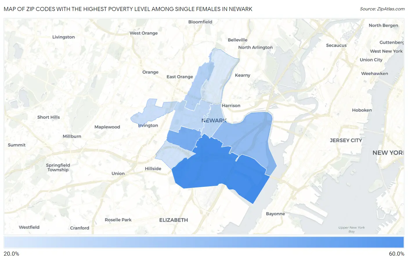 Zip Codes with the Highest Poverty Level Among Single Females in Newark Map