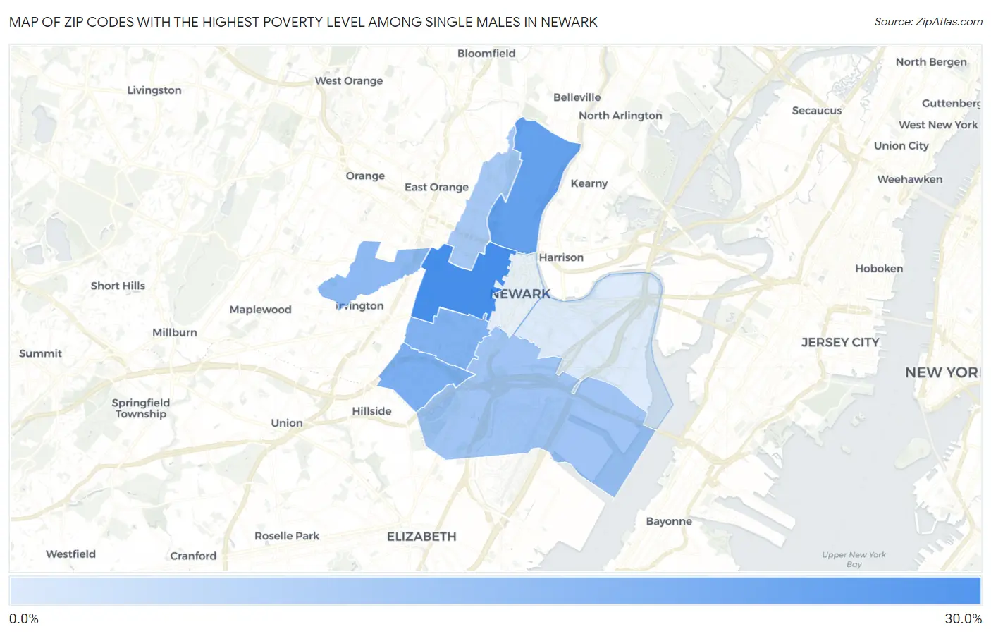 Zip Codes with the Highest Poverty Level Among Single Males in Newark Map