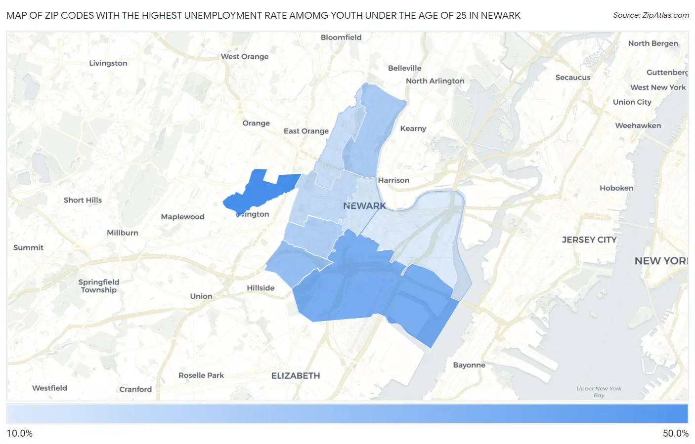 Zip Codes with the Highest Unemployment Rate Amomg Youth Under the Age of 25 in Newark Map