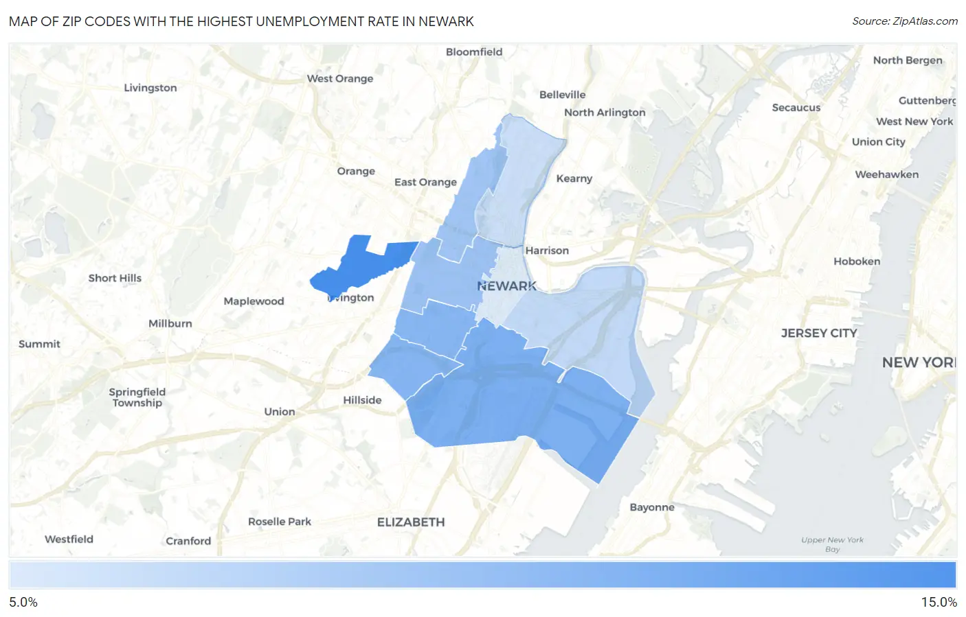 Zip Codes with the Highest Unemployment Rate in Newark Map