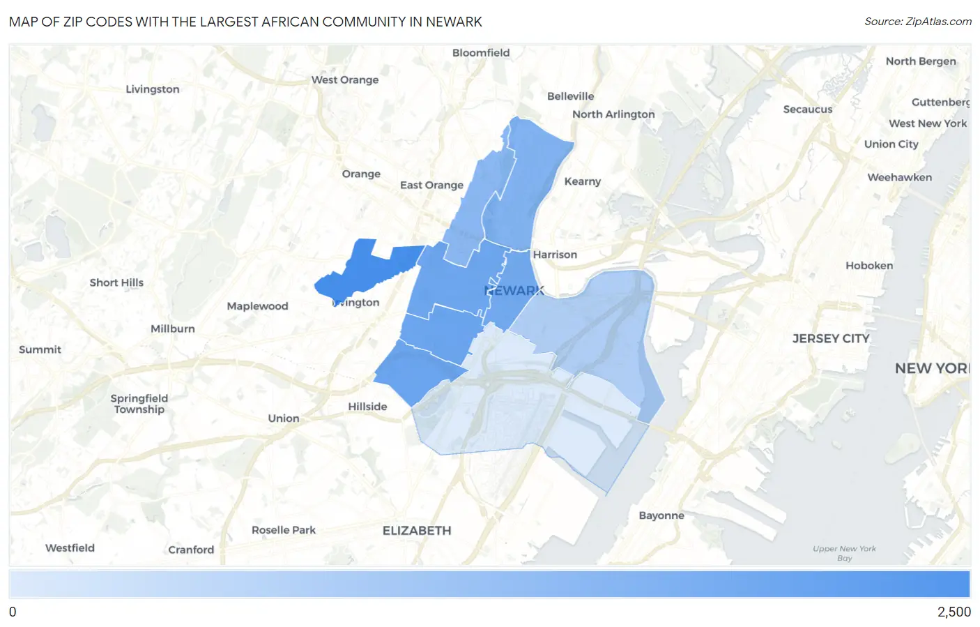 Zip Codes with the Largest African Community in Newark Map