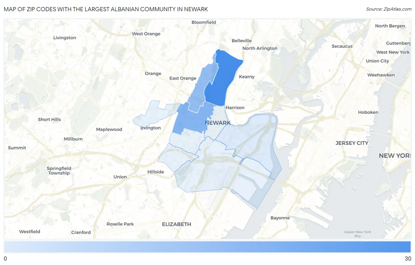 Zip Codes with the Largest Albanian Community in Newark Map