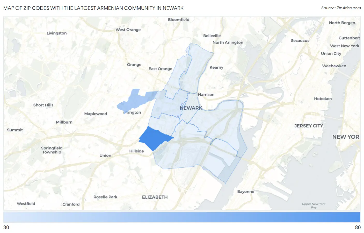 Zip Codes with the Largest Armenian Community in Newark Map