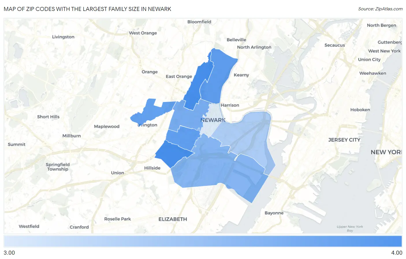 Zip Codes with the Largest Family Size in Newark Map