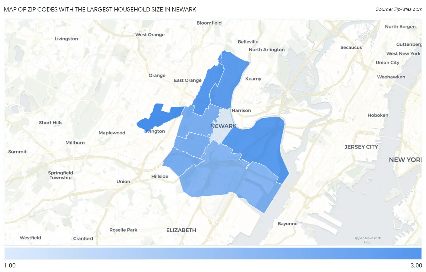 Zip Codes with the Largest Household Size in Newark Map