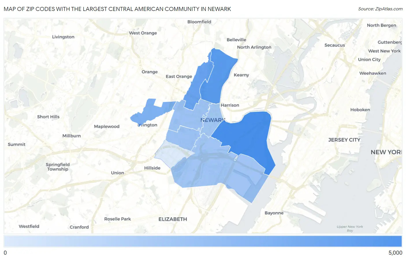 Zip Codes with the Largest Central American Community in Newark Map