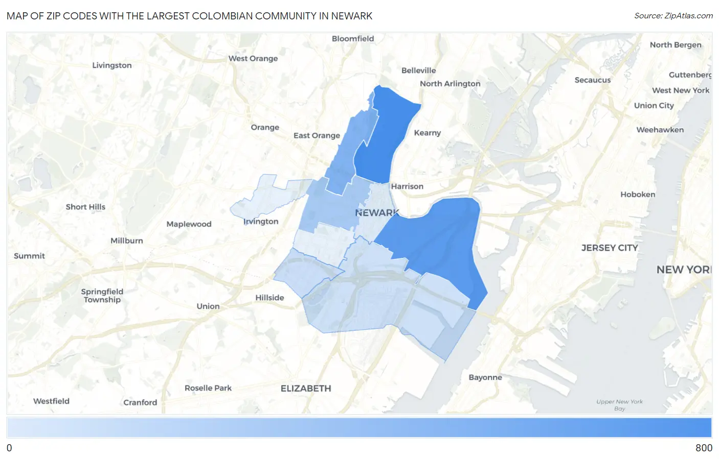 Zip Codes with the Largest Colombian Community in Newark Map