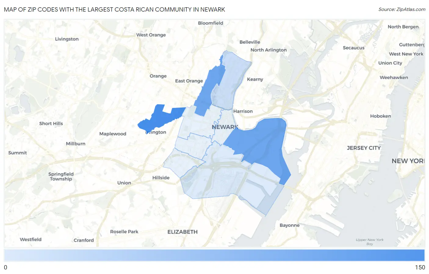Zip Codes with the Largest Costa Rican Community in Newark Map