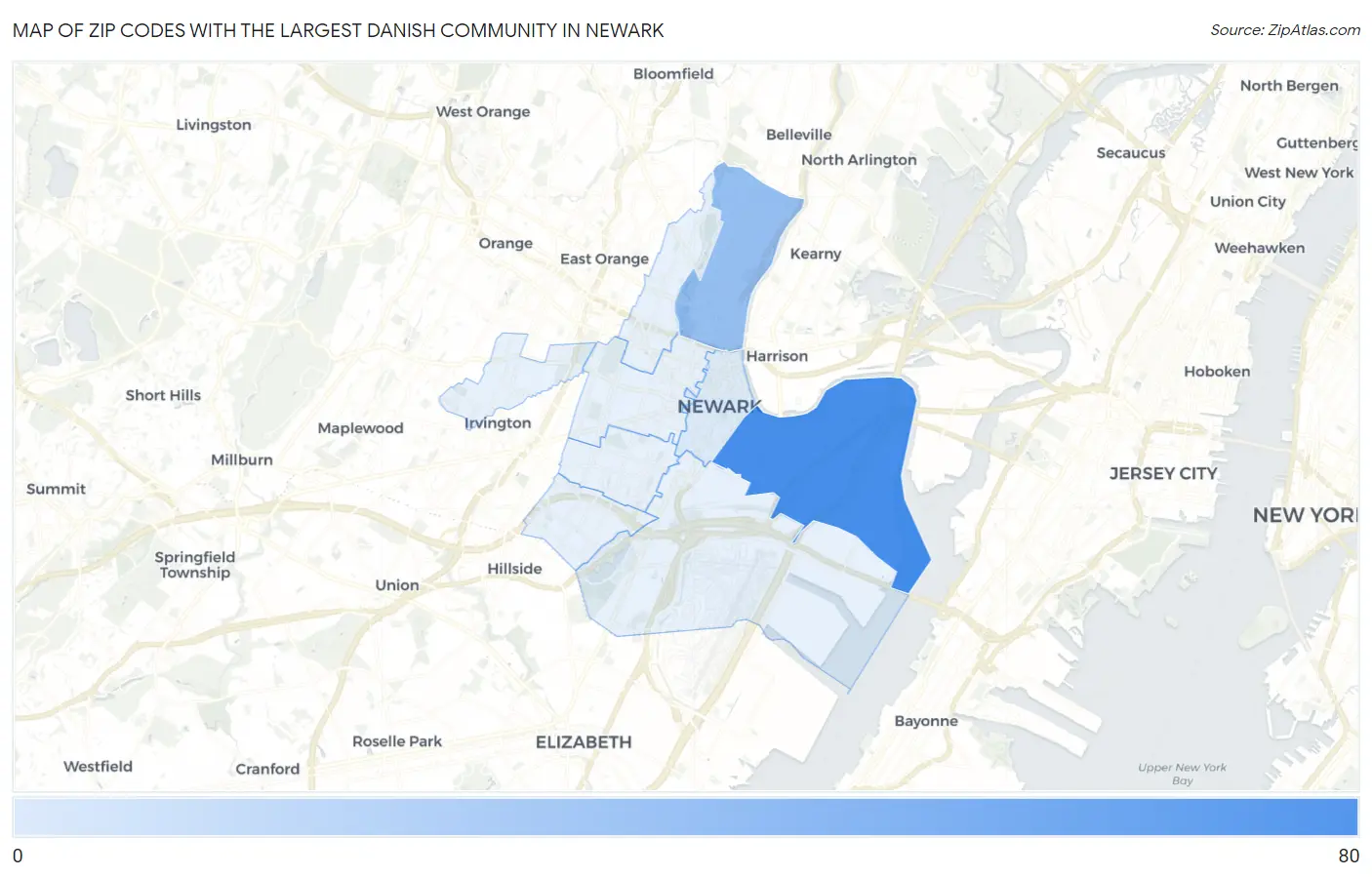 Zip Codes with the Largest Danish Community in Newark Map
