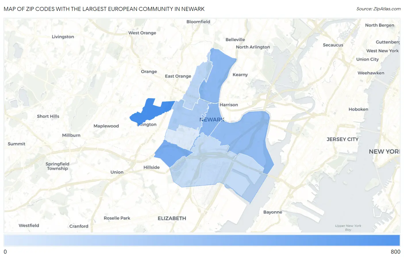 Zip Codes with the Largest European Community in Newark Map