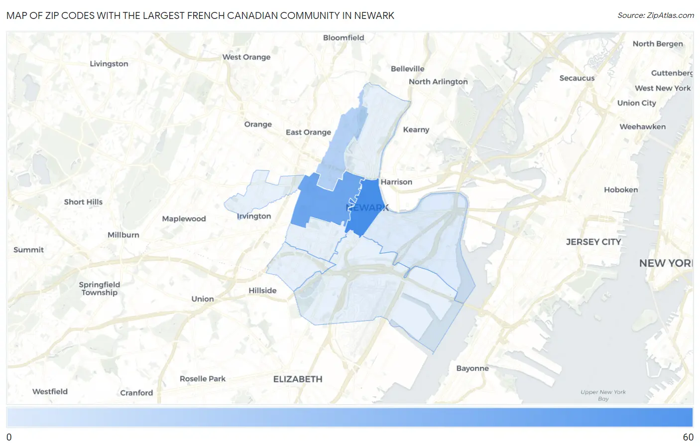 Zip Codes with the Largest French Canadian Community in Newark Map