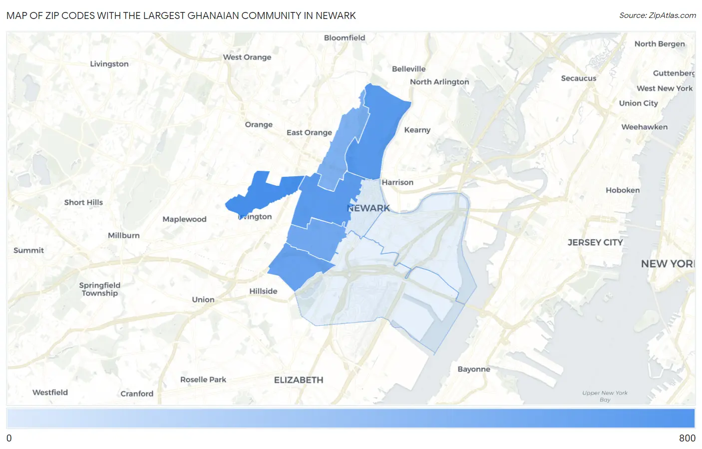 Zip Codes with the Largest Ghanaian Community in Newark Map