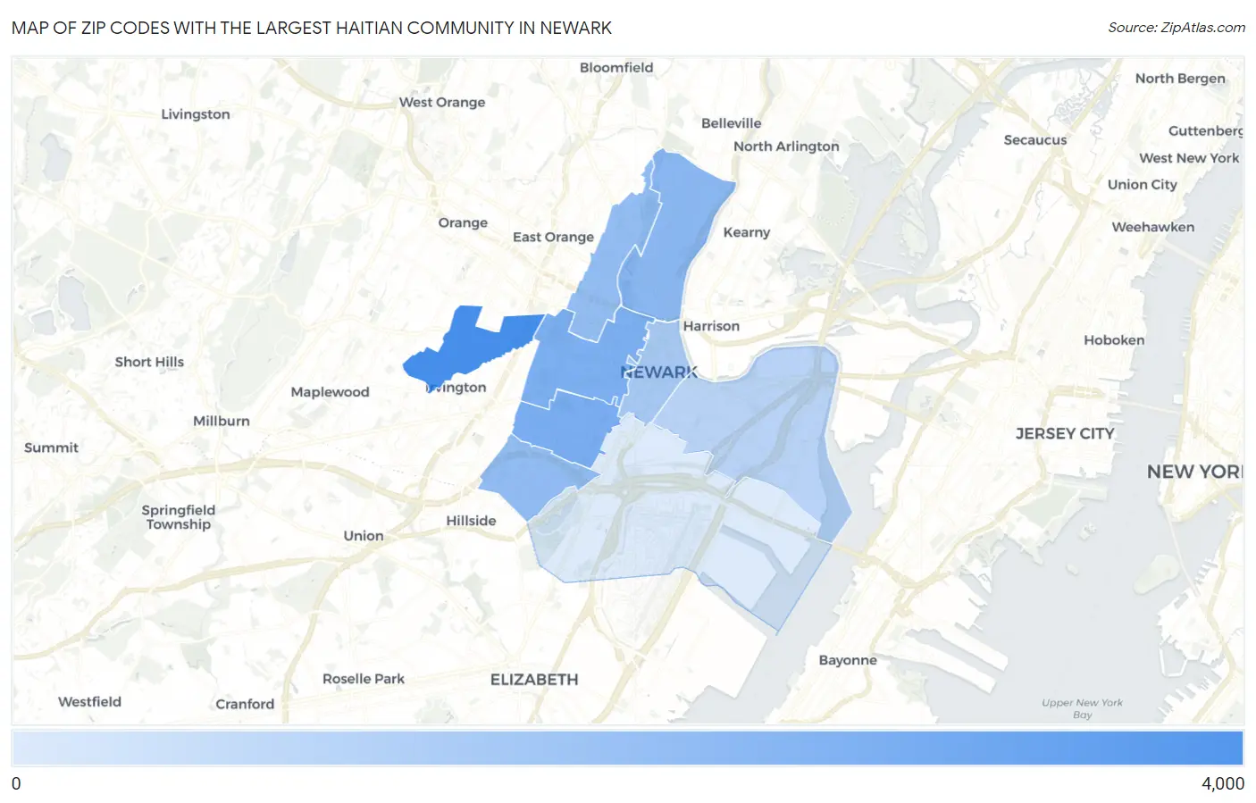 Zip Codes with the Largest Haitian Community in Newark Map