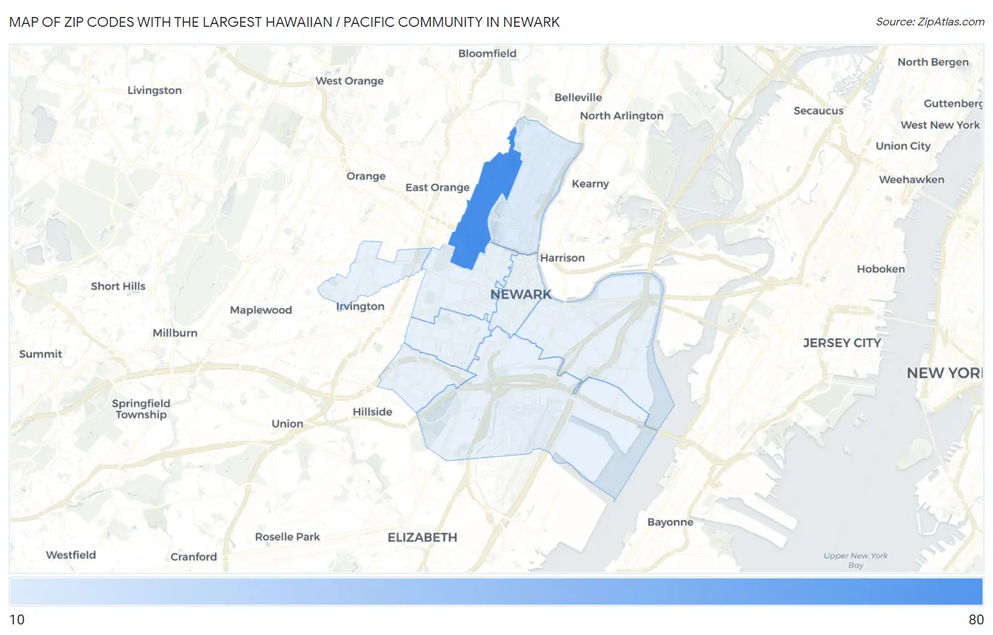 Zip Codes with the Largest Hawaiian / Pacific Community in Newark Map
