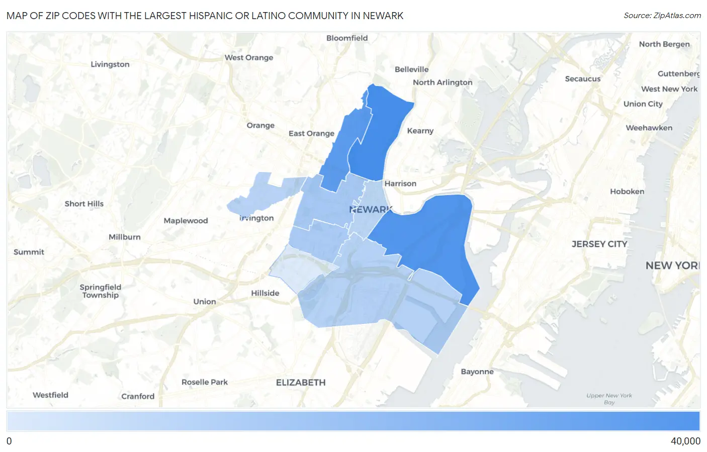 Zip Codes with the Largest Hispanic or Latino Community in Newark Map