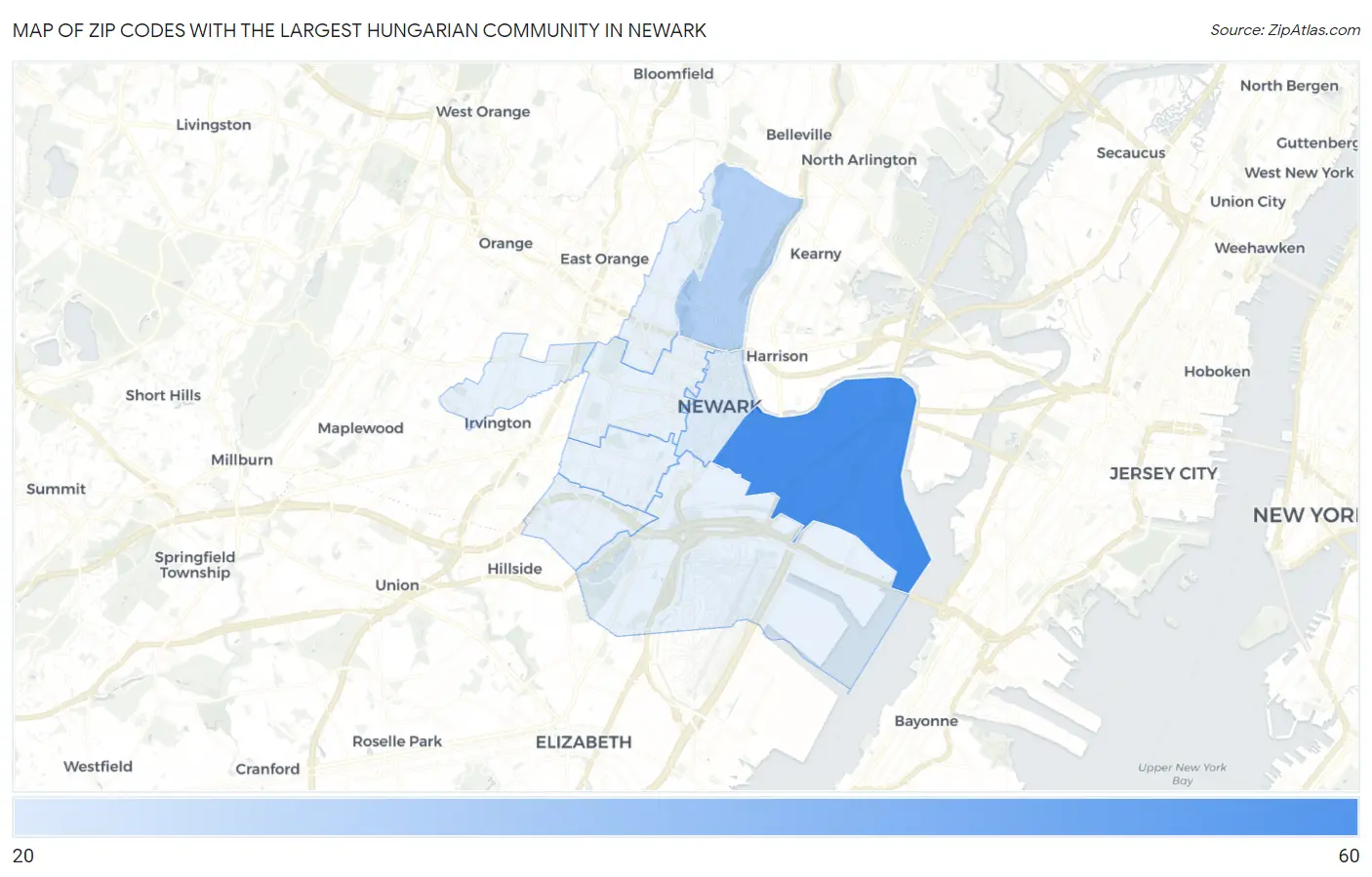 Zip Codes with the Largest Hungarian Community in Newark Map