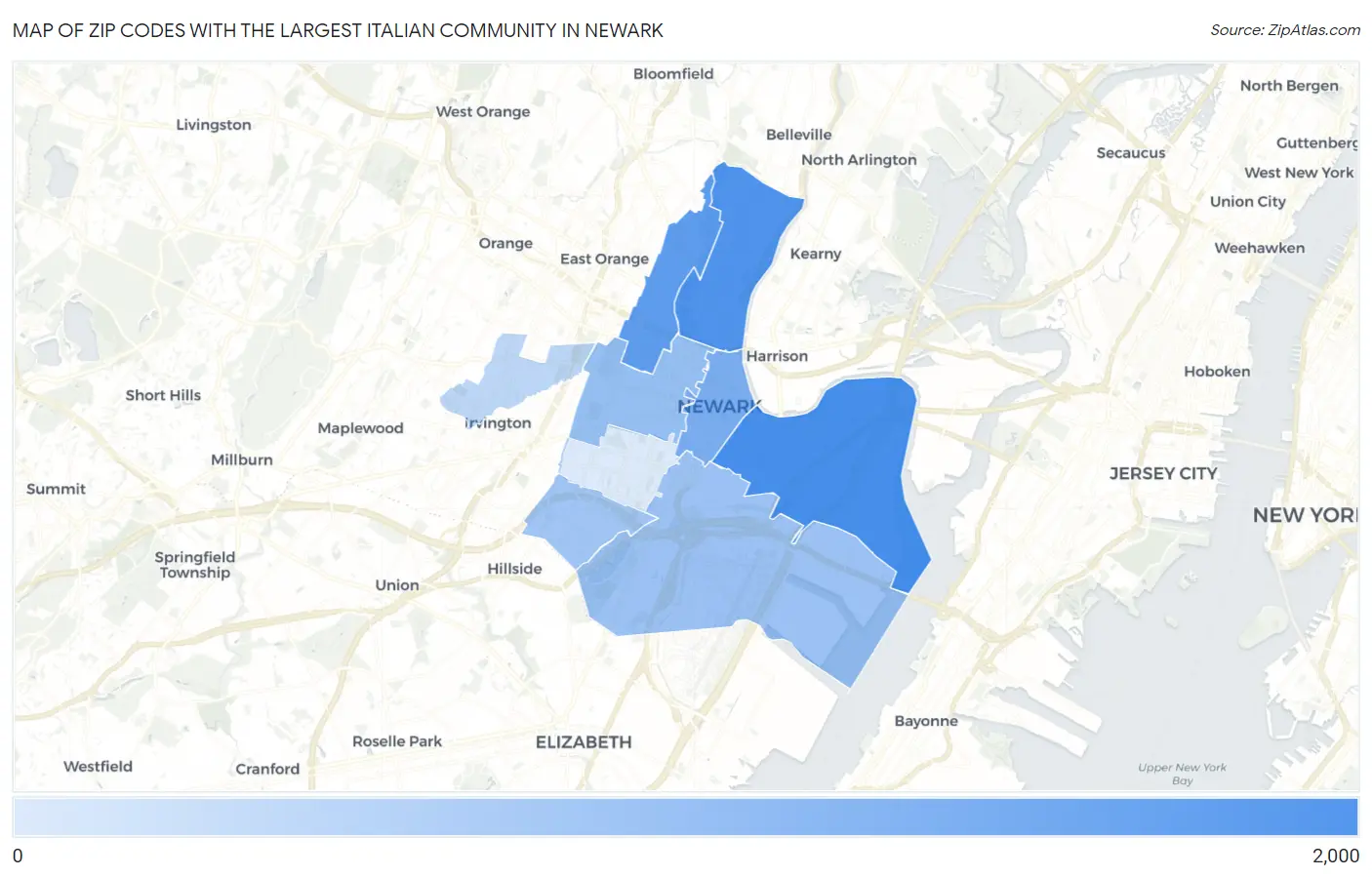 Zip Codes with the Largest Italian Community in Newark Map
