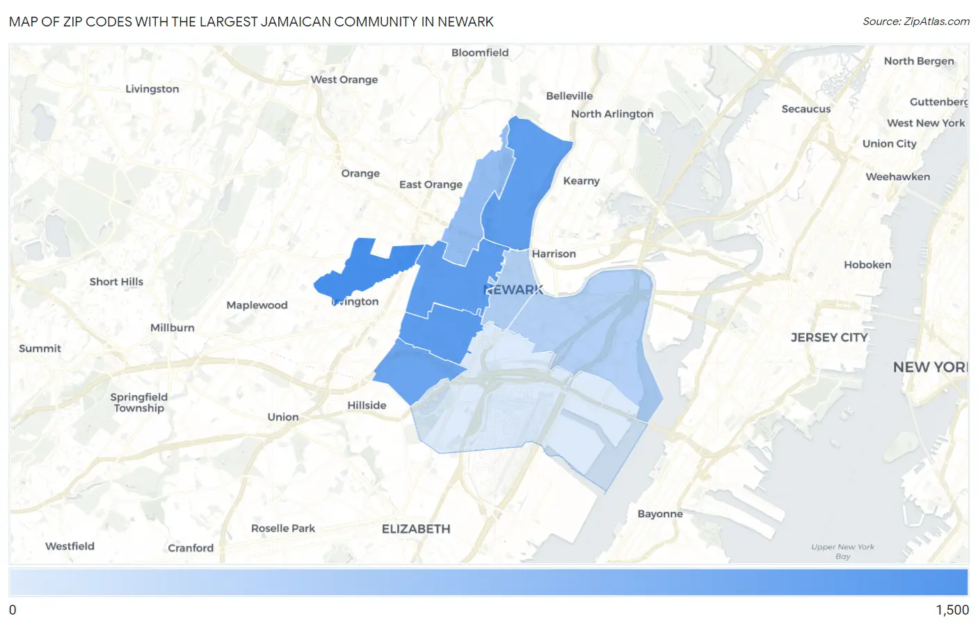 Zip Codes with the Largest Jamaican Community in Newark Map