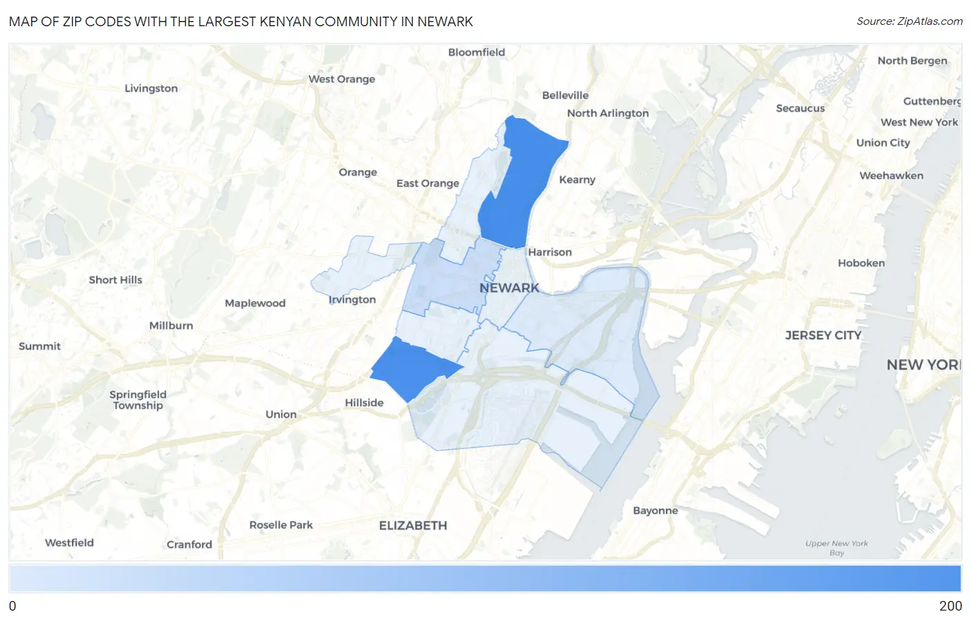 Zip Codes with the Largest Kenyan Community in Newark Map