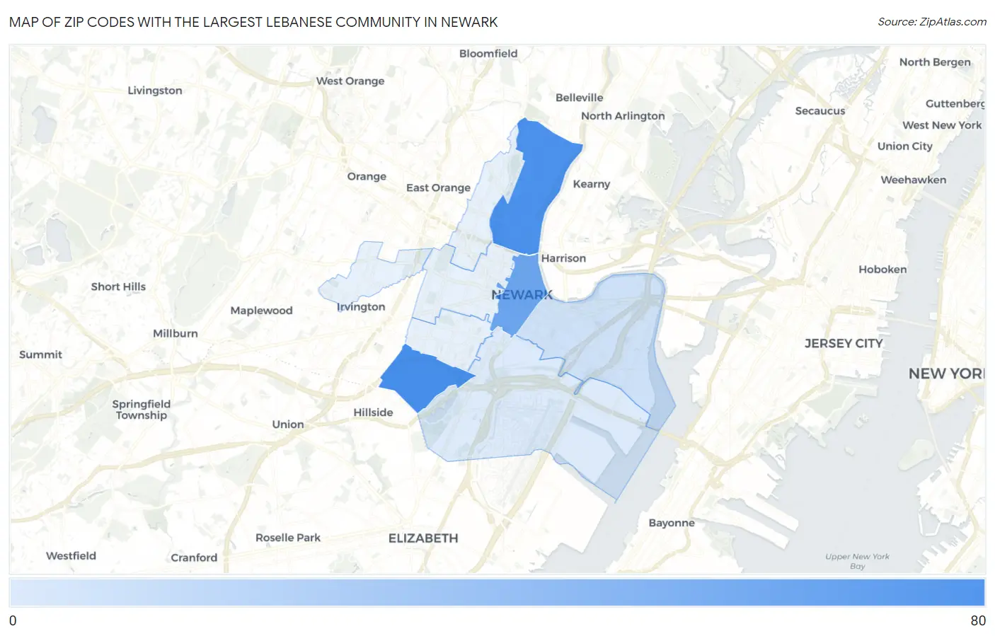 Zip Codes with the Largest Lebanese Community in Newark Map