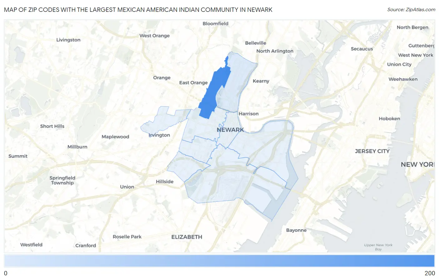 Zip Codes with the Largest Mexican American Indian Community in Newark Map