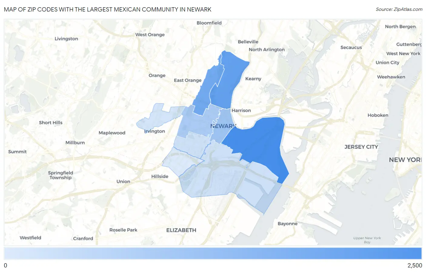 Zip Codes with the Largest Mexican Community in Newark Map