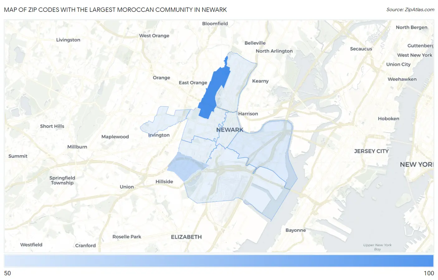 Zip Codes with the Largest Moroccan Community in Newark Map