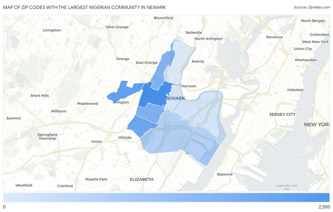 Zip Codes with the Largest Nigerian Community in Newark Map