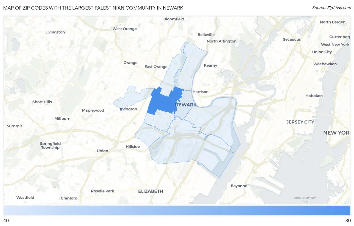 Zip Codes with the Largest Palestinian Community in Newark Map