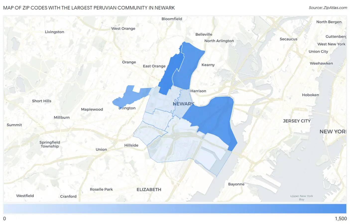 Zip Codes with the Largest Peruvian Community in Newark Map