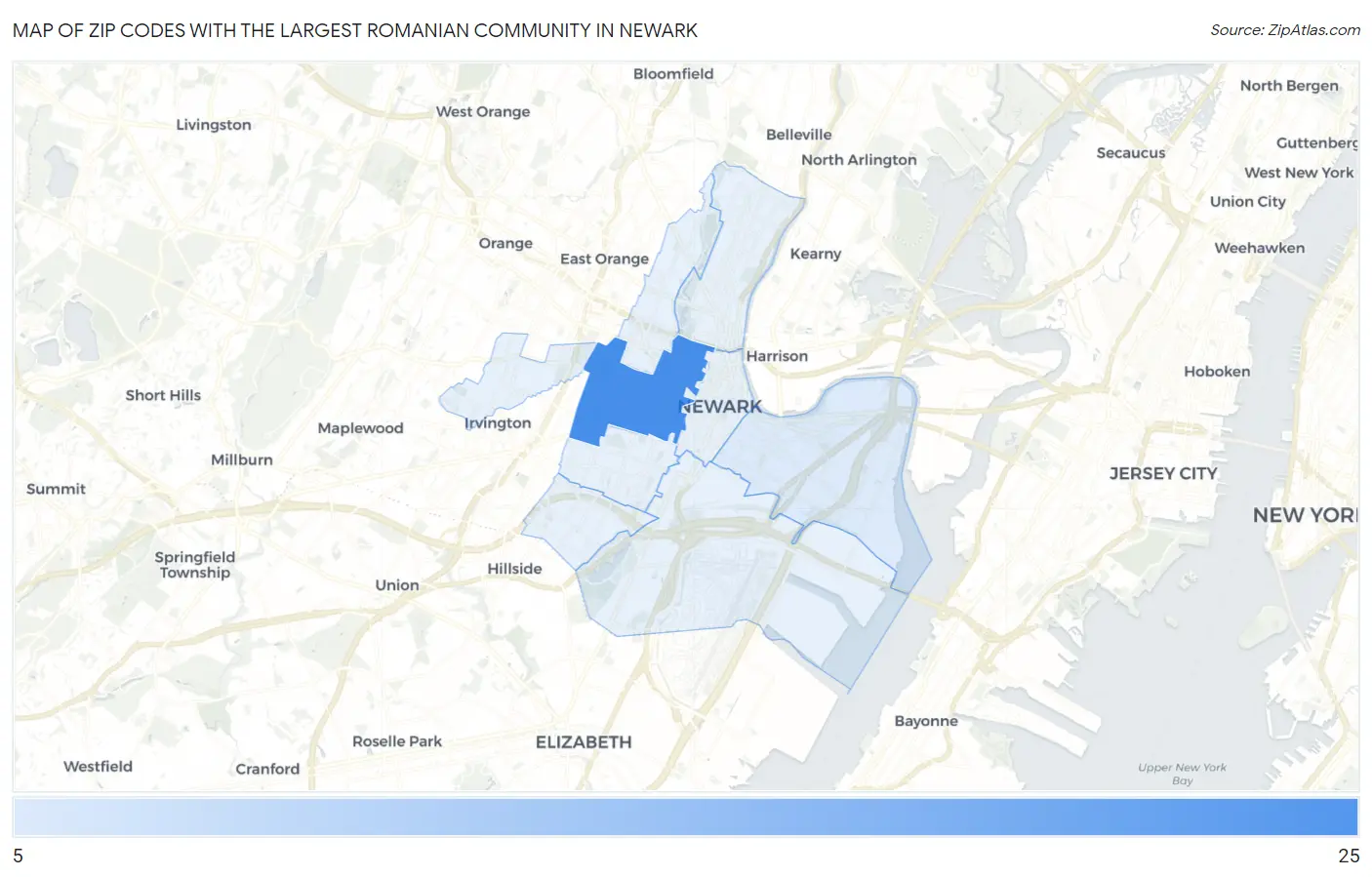 Zip Codes with the Largest Romanian Community in Newark Map