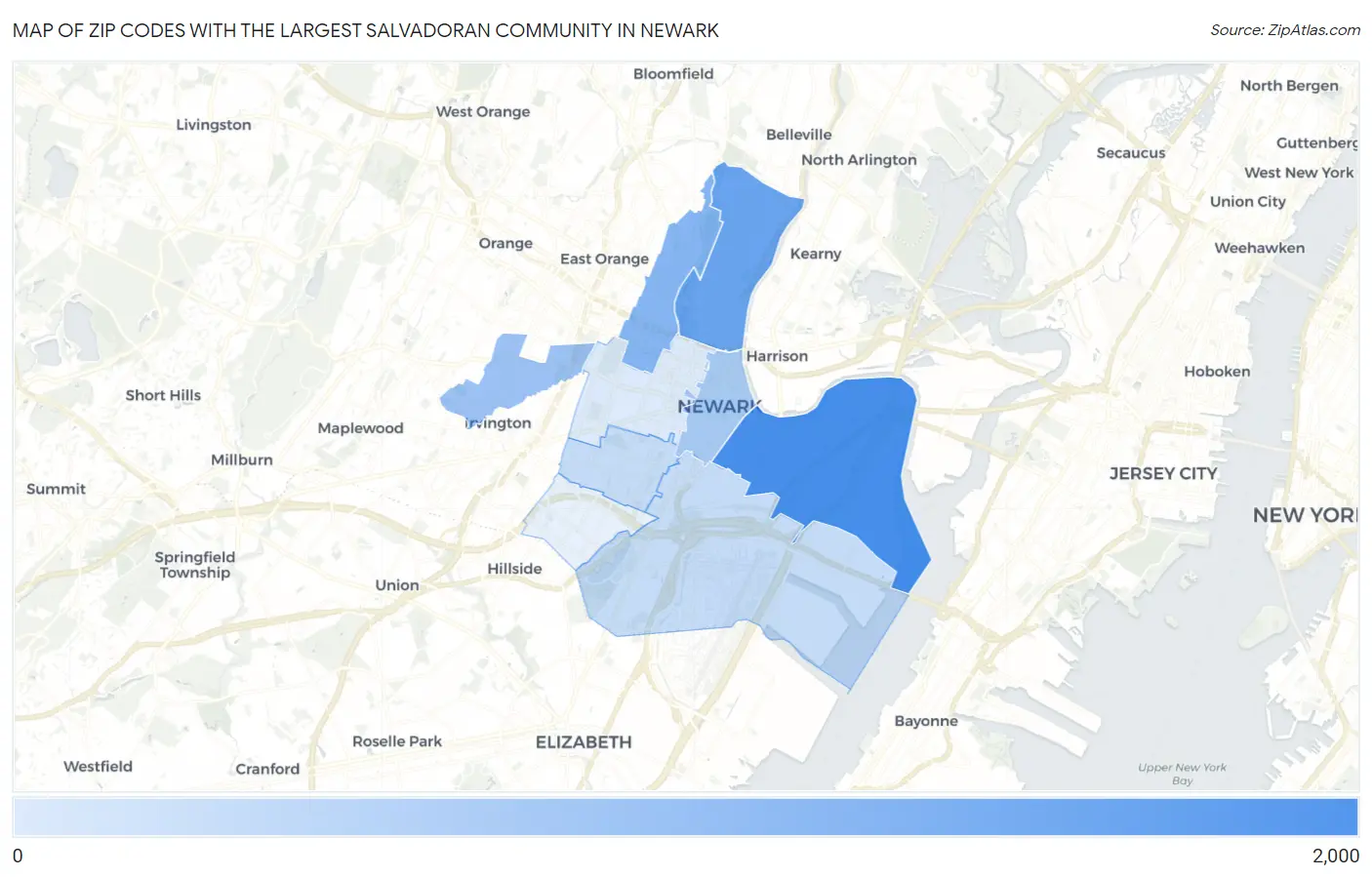 Zip Codes with the Largest Salvadoran Community in Newark Map