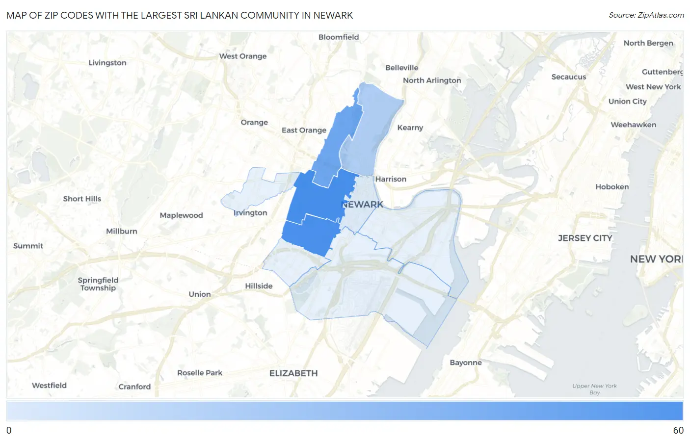 Zip Codes with the Largest Sri Lankan Community in Newark Map