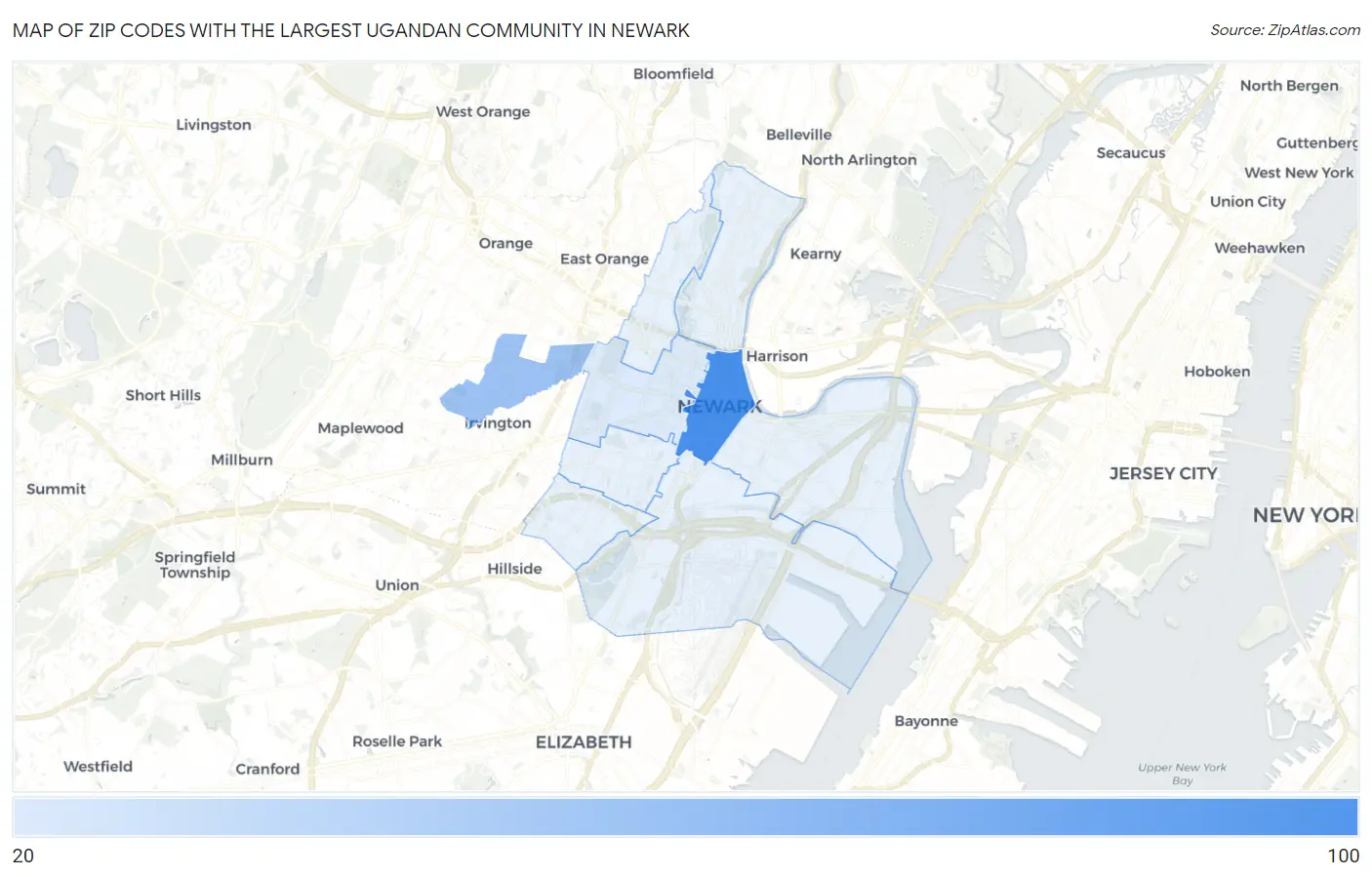 Zip Codes with the Largest Ugandan Community in Newark Map