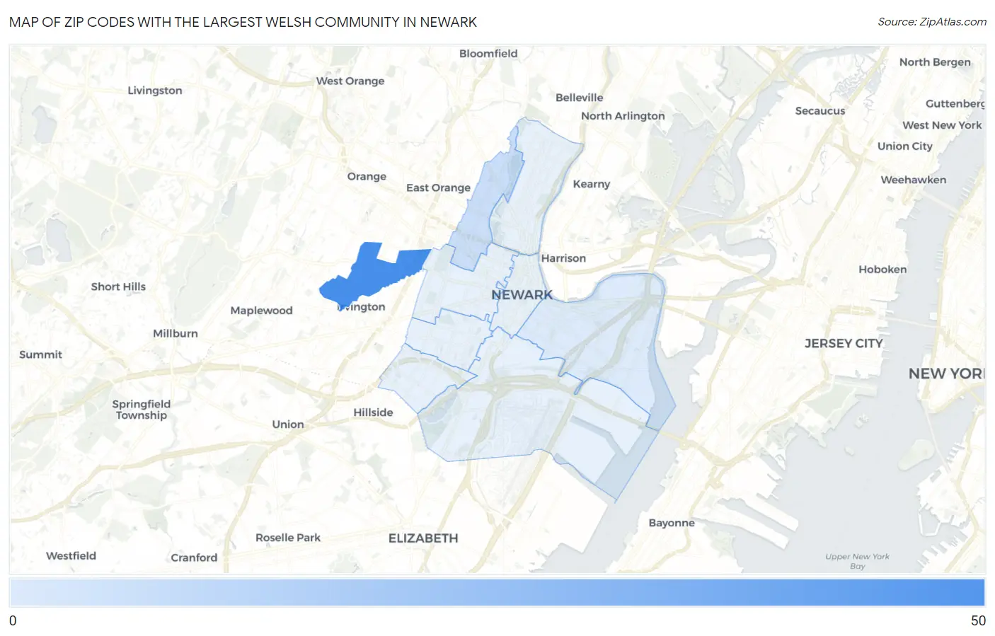 Zip Codes with the Largest Welsh Community in Newark Map