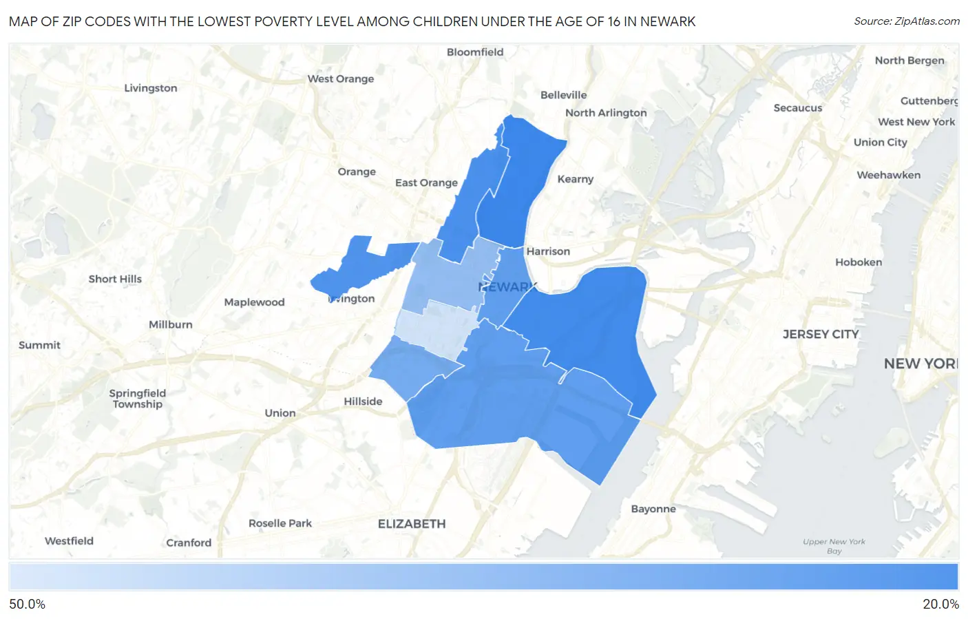 Zip Codes with the Lowest Poverty Level Among Children Under the Age of 16 in Newark Map