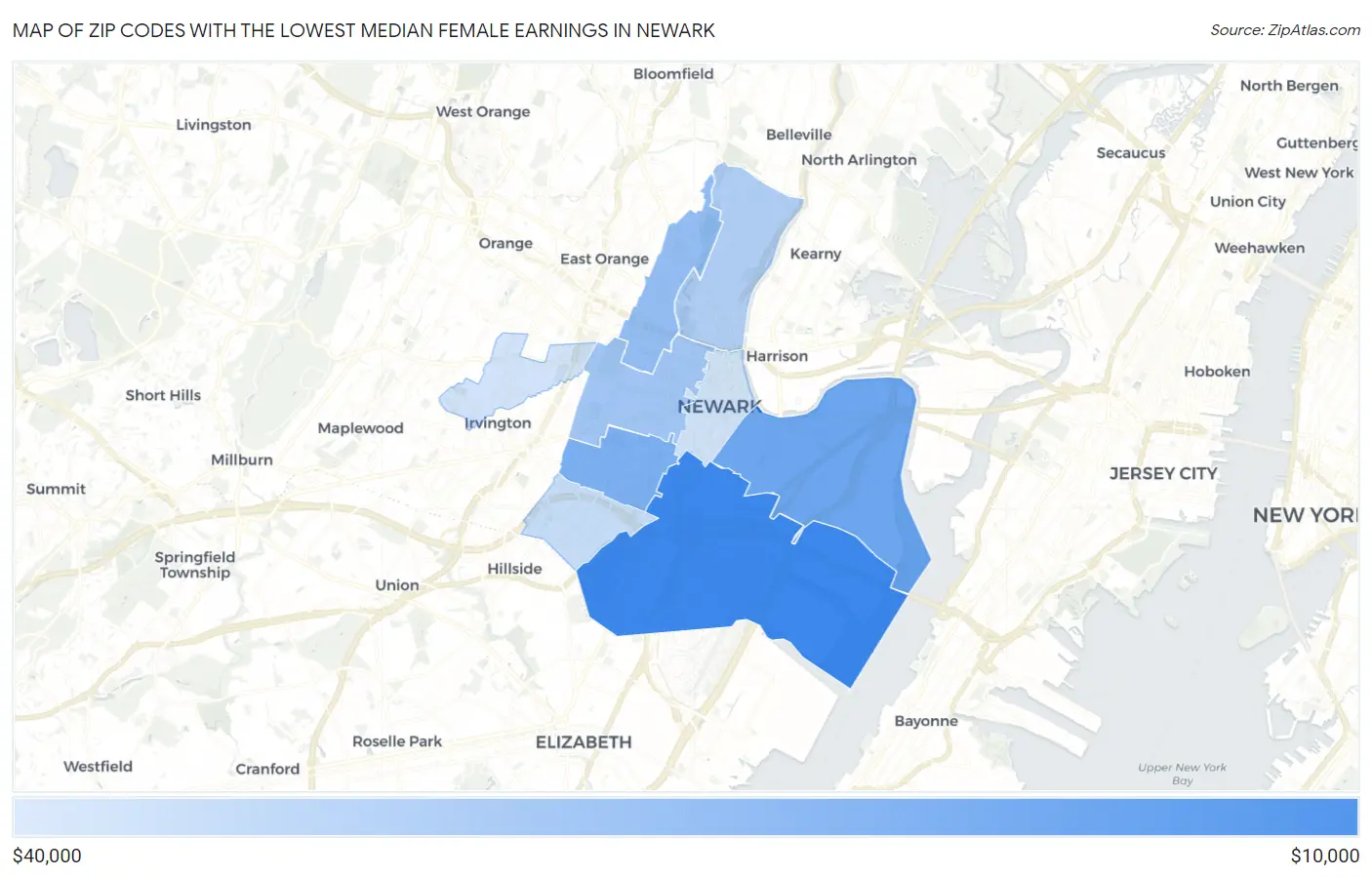 Zip Codes with the Lowest Median Female Earnings in Newark Map