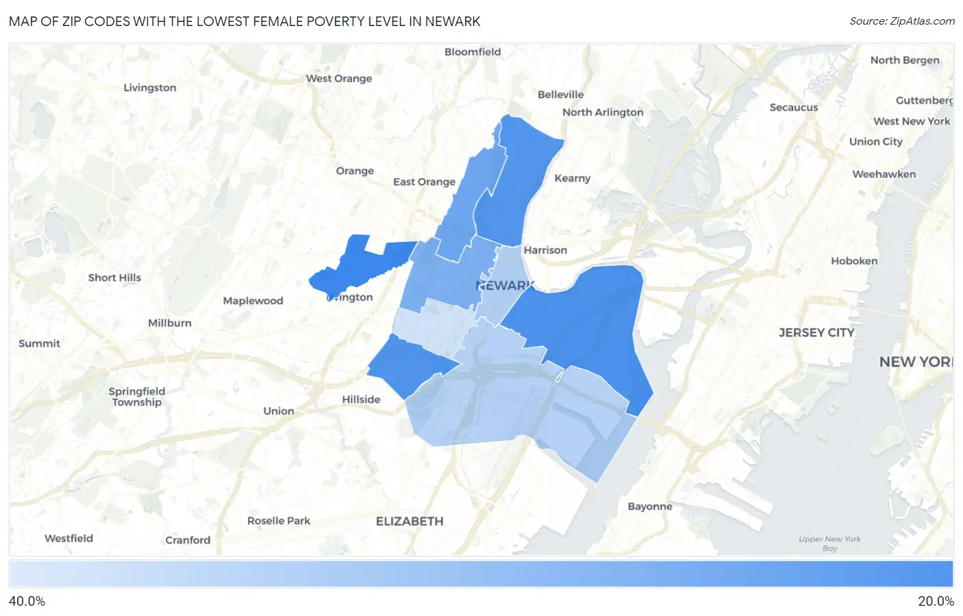 Zip Codes with the Lowest Female Poverty Level in Newark Map