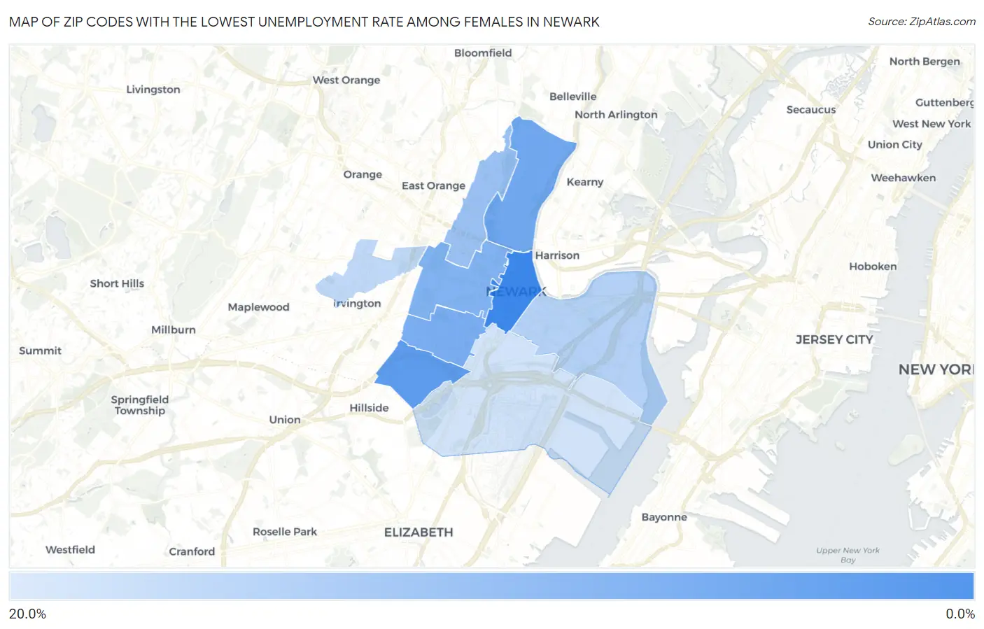 Zip Codes with the Lowest Unemployment Rate Among Females in Newark Map