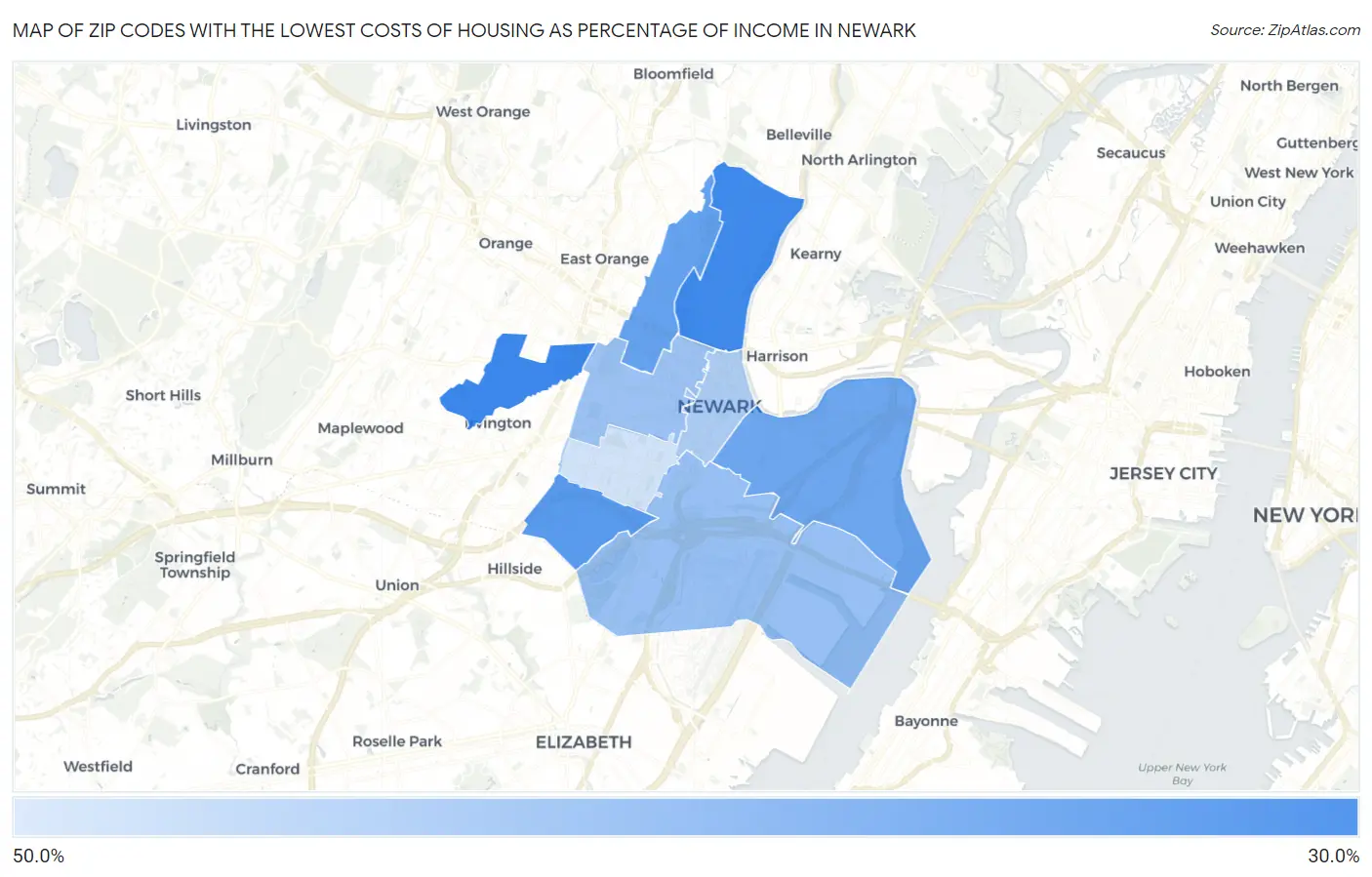 Zip Codes with the Lowest Costs of Housing as Percentage of Income in Newark Map