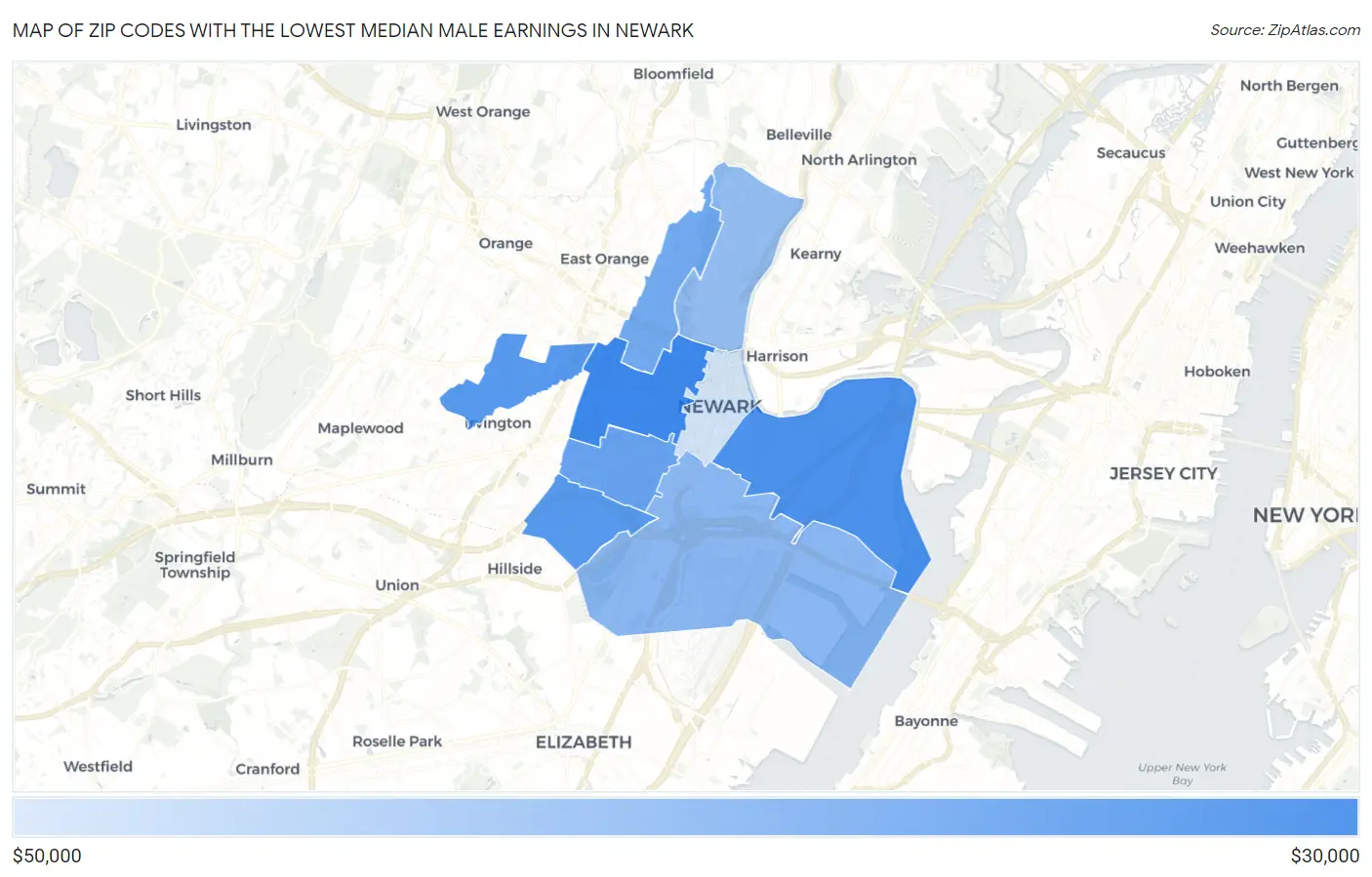 Zip Codes with the Lowest Median Male Earnings in Newark Map