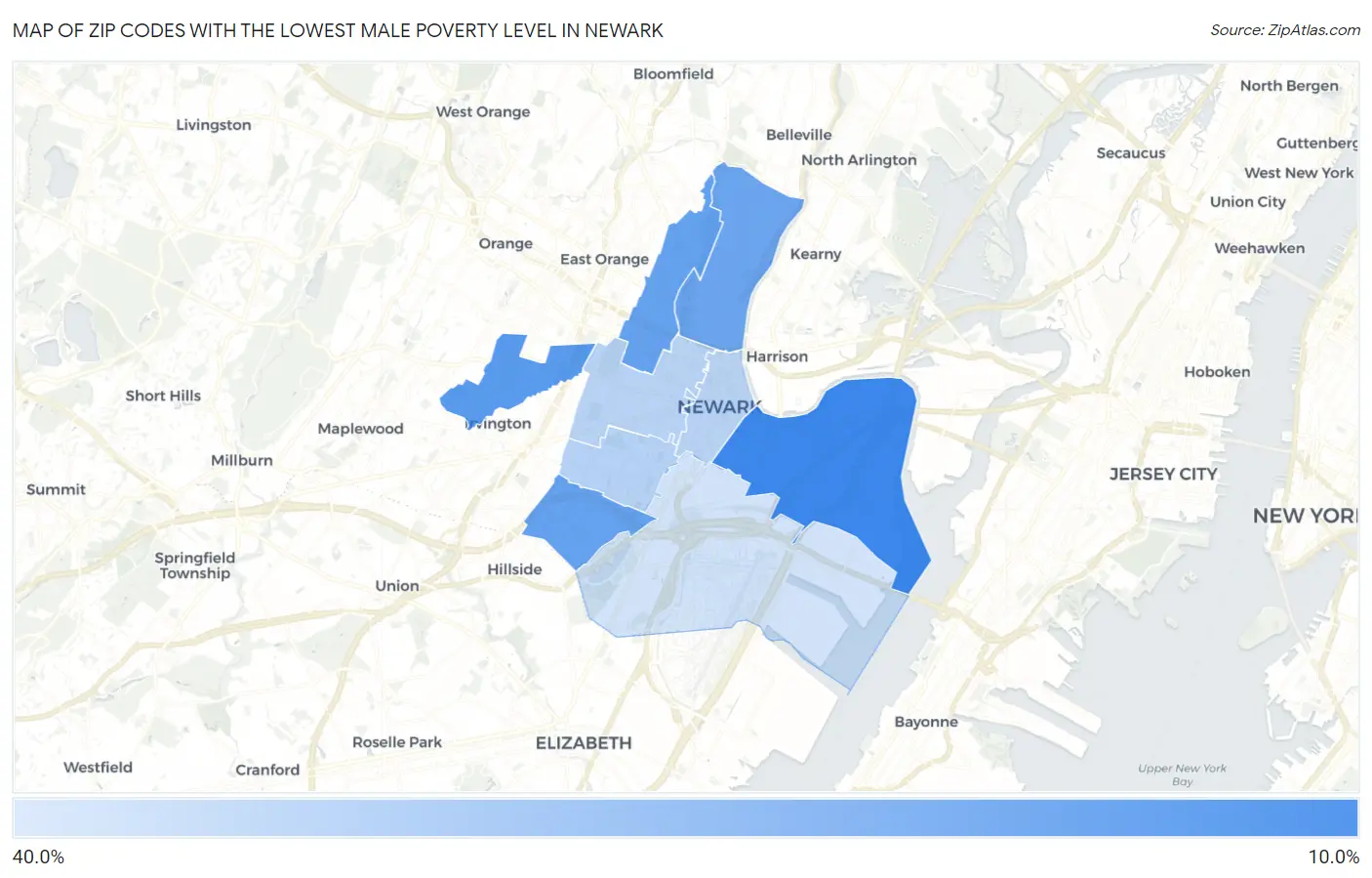 Zip Codes with the Lowest Male Poverty Level in Newark Map