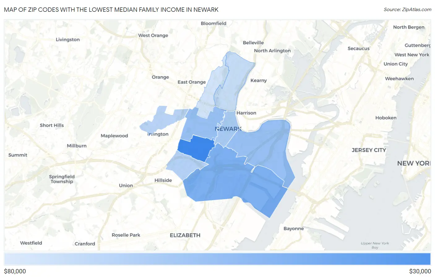 Zip Codes with the Lowest Median Family Income in Newark Map