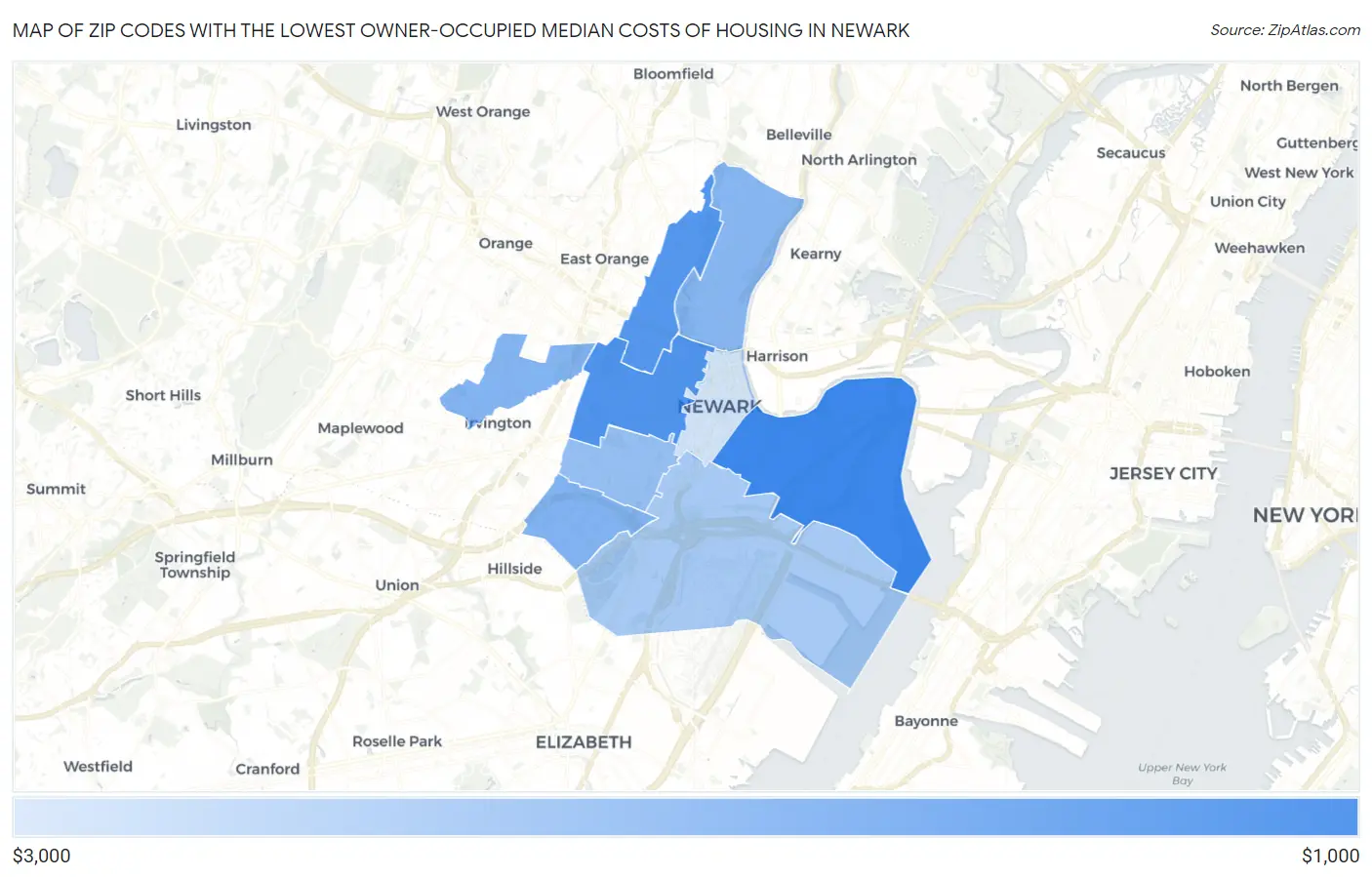Zip Codes with the Lowest Owner-Occupied Median Costs of Housing in Newark Map