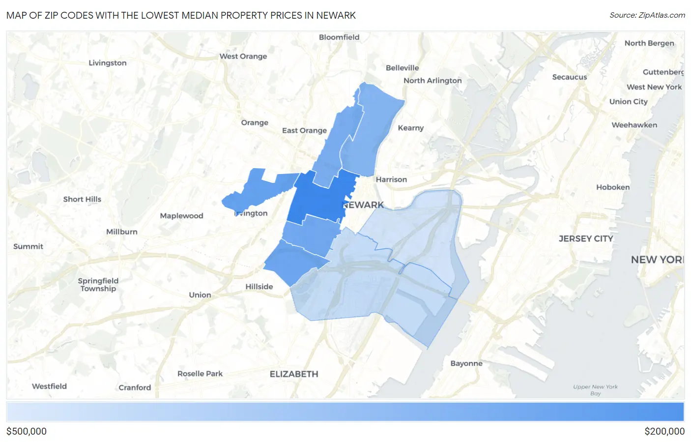 Zip Codes with the Lowest Median Property Prices in Newark Map